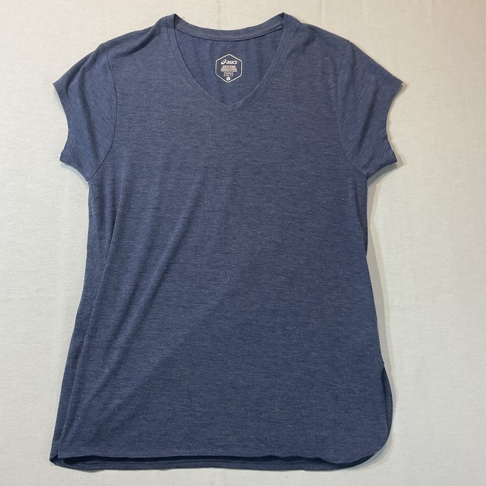 Asics Heathered Navy Blue Quarter Sleeve V-Neck T-Shirt, Size S Casual Everyday
